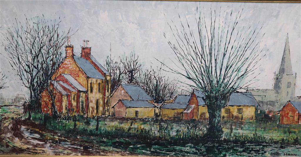 Paul Mann (1907-1994), Essex farmstead with church, signed, oil on canvas, 50 x 100cm